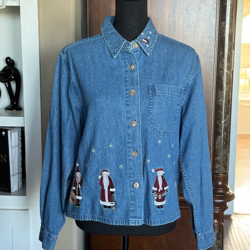 Christopher & Banks Christmas Embroidery Denim Shirt